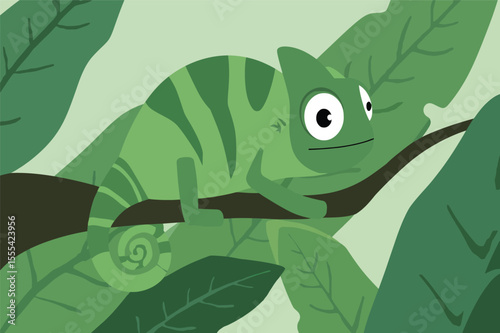 Adorable green chameleon blending seamlessly into leafy background vector illustration