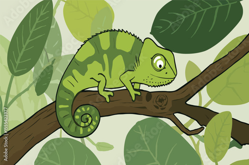 Adorable green chameleon blending seamlessly into leafy background vector illustration