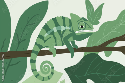 Chameleon blending into leafy background vector illustration