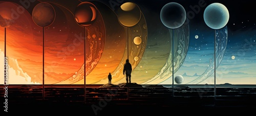 pop surreal unreal silhouettes spiral towards planetary circulation,ai generatif