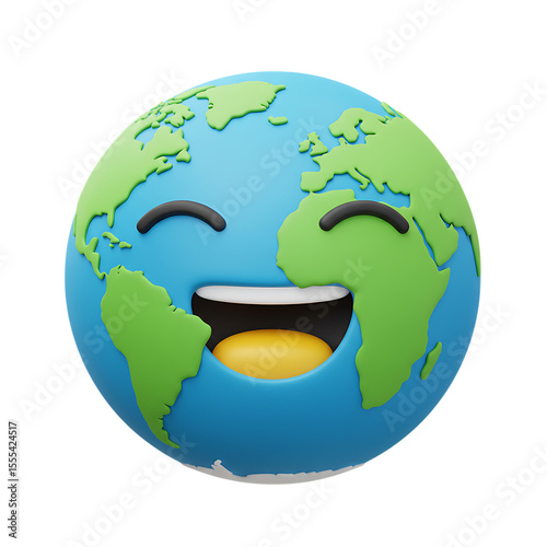Happy cartoon earth emoji with a big smile isolated on white background