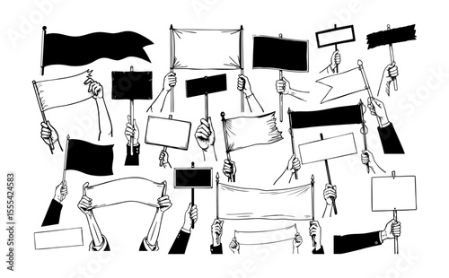 Hands of activists holding stop war banner and hearts. protest of peoples 