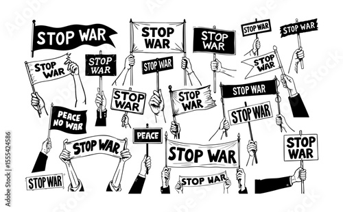 Hands of activists holding stop war banner and hearts. protest of peoples.ai