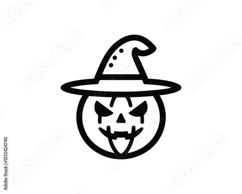 Pumpkin face logo icon with witch hat