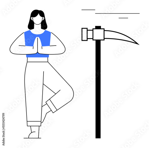 Woman in yoga pose beside scythe, representing balance between work, health, and mindfulness. Ideal for wellness, work-life balance, relaxation, agriculture, productivity harmony simple flat