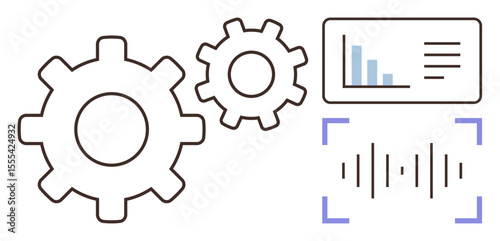 Gears in motion alongside a data chart and soundwave graphic represent synchronization, automation, and technology. Ideal for teamwork, innovation, productivity, analytics, processes, communication