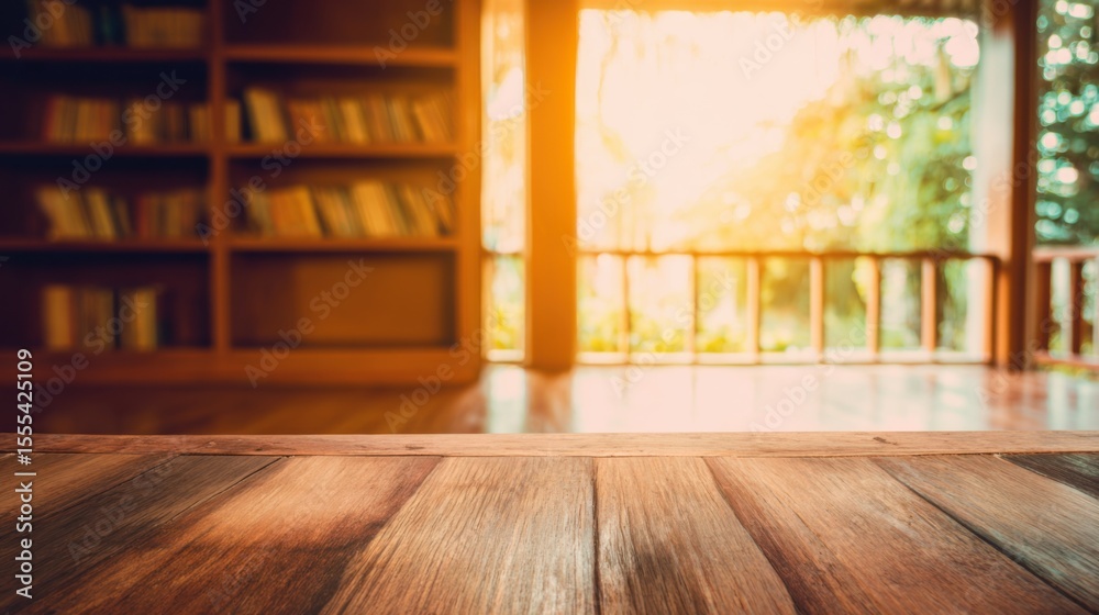 Obraz premium Serene indoor-outdoor scene with rustic wooden table, bookshelf filled with orderly books, soft golden sunlight streaming through large window, and lush greenery outside.