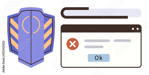 Browser window with error message and acknowledgment button beside protective shield graphic. Ideal for privacy, cybersecurity, error, alert, data protection, online safety, warning. Simple flat