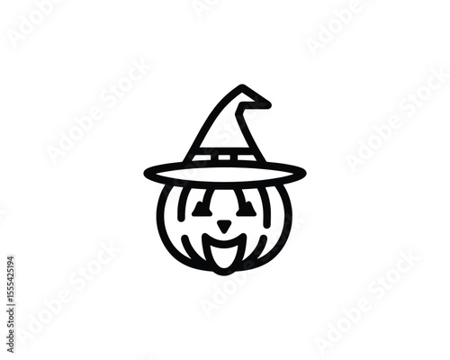 Scary pumpkin character wearing witch hat vector