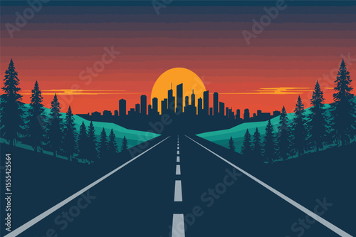 Open road city skyline sunset scenic drive