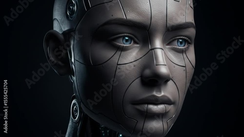 Futuristic Robot Face Close Up With Blue Eyes on Dark Background
