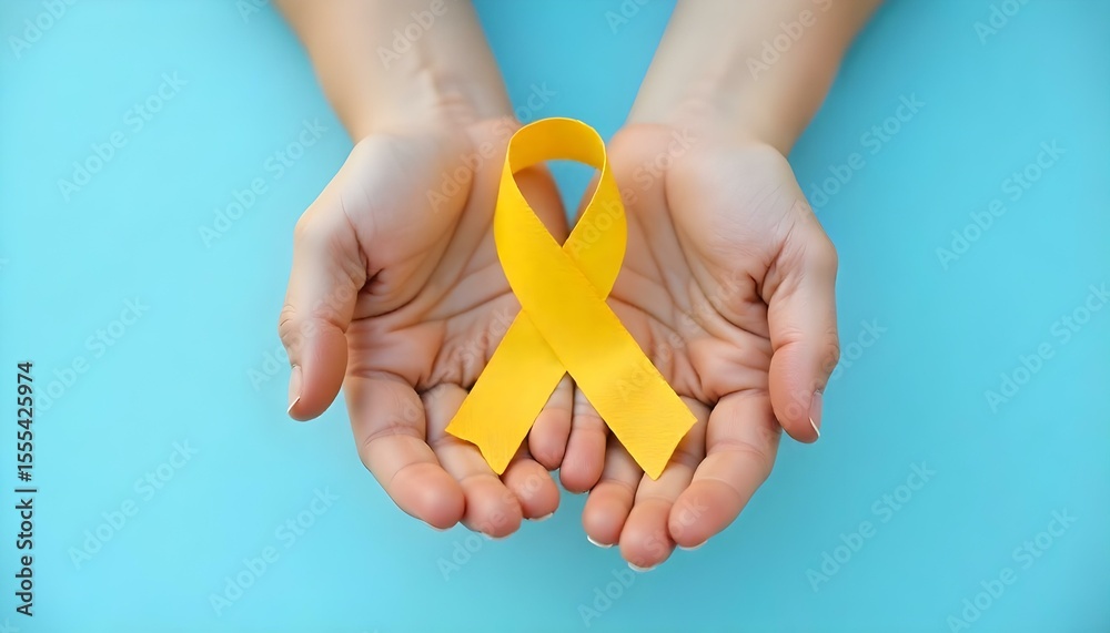 Hands grasping a yellow ribbon on a blue backdrop, highlighting support for Childhood Cancer Awareness Month Hands grasping a yellow ribbon on a blue backdrop, highlighting support for Childhood Cancer Awareness Month