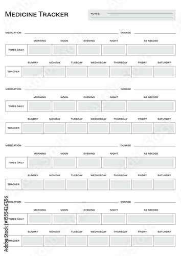 Medicine tracker. Minimalist A4 planner page template. Printable organizer. EPS file has global colors for easy color changes.