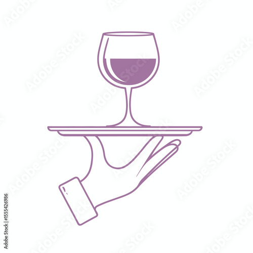Elegant hand serving a glass of wine on a tray minimalist line art