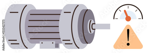 Electric motor with detailed casing, a performance gauge showing high levels, and a warning sign icon. Ideal for engineering, maintenance, safety, risk, troubleshooting, power and energy themes