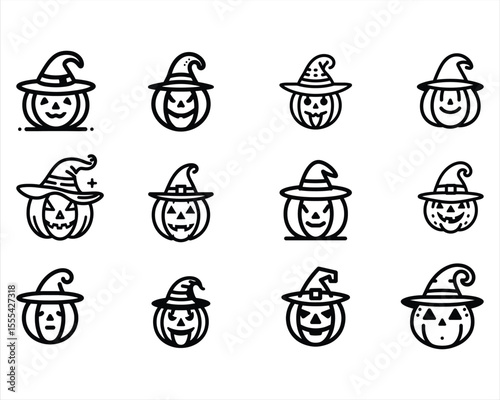 Set of Pumpkin with witch hat logo in vector