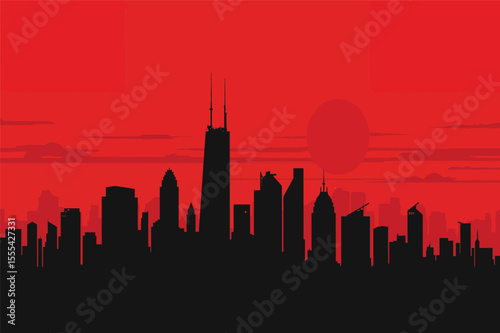 Dystopian city silhouette under red sunset skies vector illustration