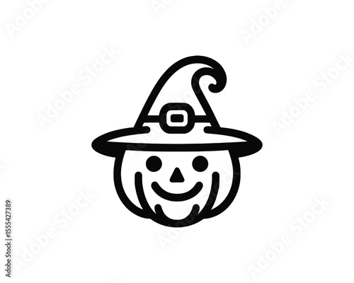 Spooky pumpkin face logo with witch hat