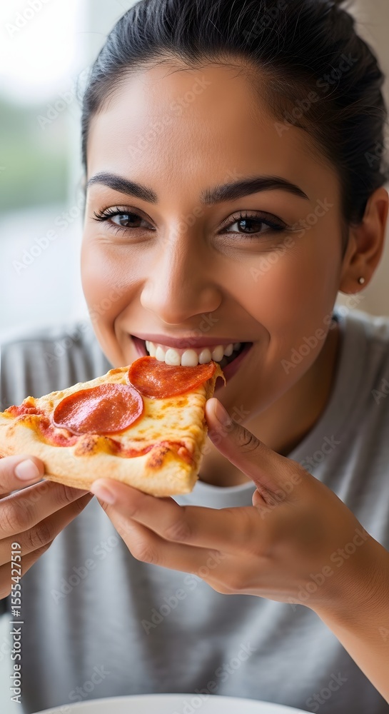 Delightful Moment Woman Enjoying a Delicious Slice of Pepperoni Pizza Delightful Moment Woman Enjoying a Delicious Slice of Pepperoni Pizza