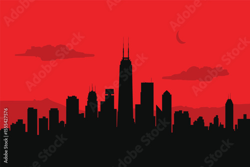 Dystopian city under red skies vector illustration silhouette