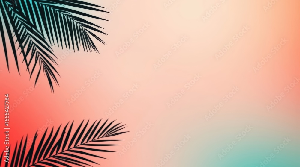 Fototapeta premium Summer Vibes with Palm Leaf Silhouettes: Abstract of a palm leaf silhouette against gradient background, the image captures a sense of tropical paradise, serenity, and vibrant color palettes