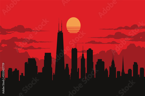 Dystopian city silhouette under red sunset skies vector illustration