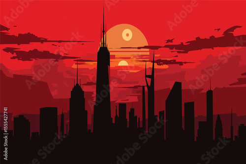 Dystopian city silhouette under red sunset skies vector illustration