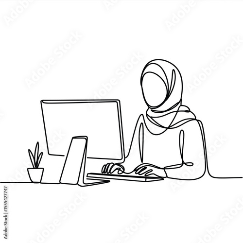 Woman wearing a hijab working on a computer in a minimalist line art style