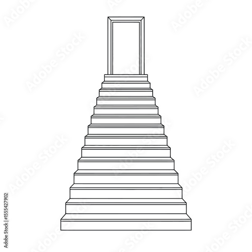 A simple line drawing of a long staircase leading up to a doorway