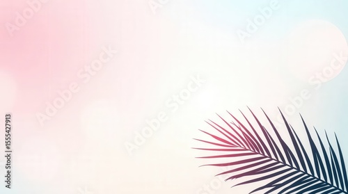 Serene Palm Frond in Pastel Haze: Delicate silhouette of a palm frond gently poised against a gradient backdrop of soft pastel hues. Embracing tranquility and the soothing essence of summer.