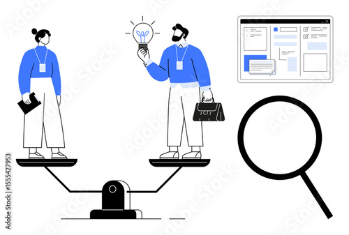 Two people stand on a balance scale, highlighting equality. One holds a light bulb symbolizing innovation, a magnifying glass signifies research, and a web page suggests productivity. Ideal