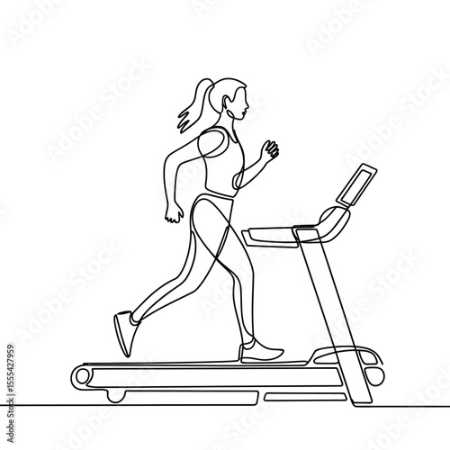 Continuous line drawing of a woman running on a treadmill in a gym