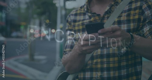 Man lifting smartphone entering encrypted message for secure chat on street while graphic animating