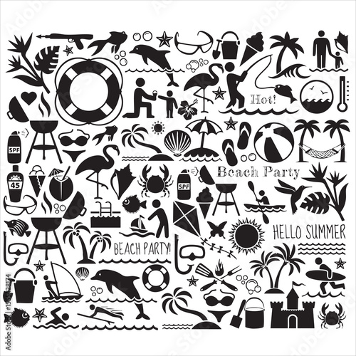Black Silhouette Summer Beach Party Icon Set Collection