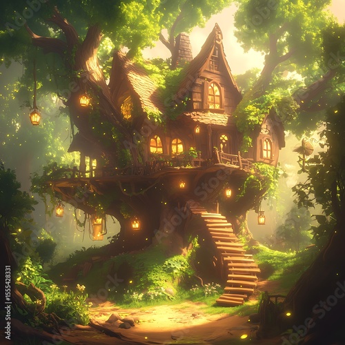 Enchanted arboreal abode: A whimsical treehouse nestled among verdant foliage
