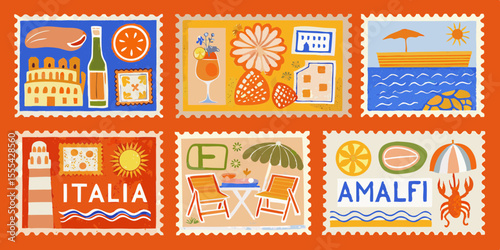 Collection of italian riviera themed postage stamps with iconic landmarks and summer vacation elements