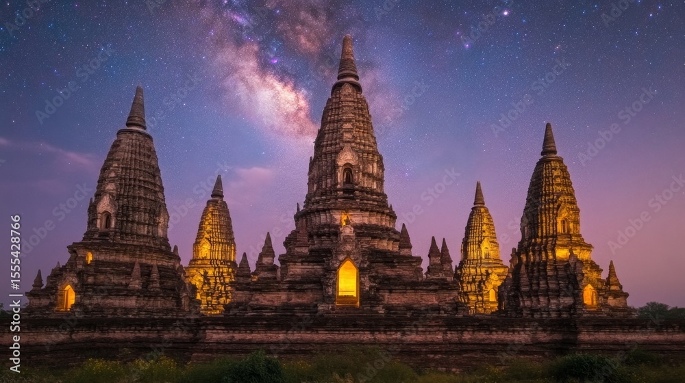 Obraz premium Serene Temple Complex Illuminated by Starry Night Sky