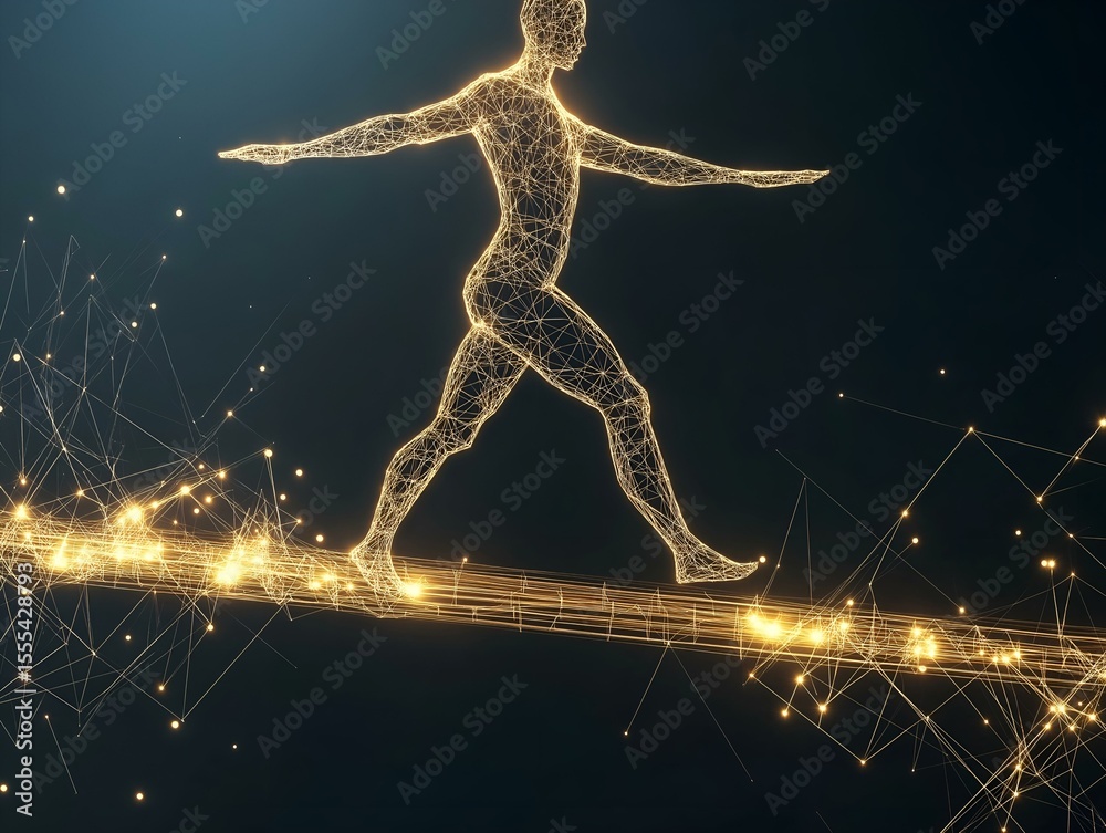 Fototapeta premium a golden wireframe human figure carefully walking a tightrope made of glowing yellow strands of digital data
