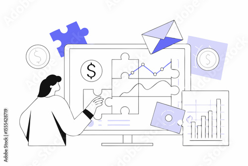 Person assembling puzzle pieces on computer screen with financial charts and coins