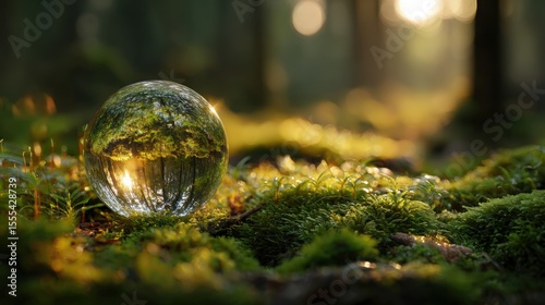 Clean glass globe resting on mossy forest floor, morning mist and golden light