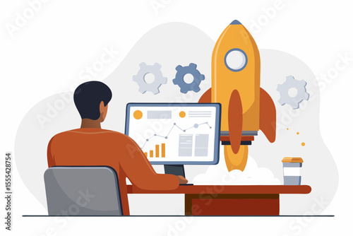 Man working on computer with rocket launch and data charts symbolizing business growth