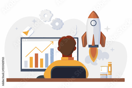 Man watching business growth chart on computer screen with rocket launch symbolizing success