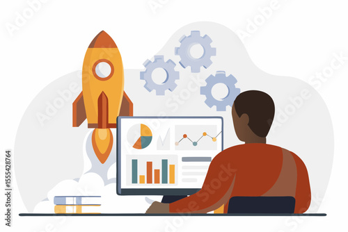 Man analyzing business growth charts and data on computer with rocket launch