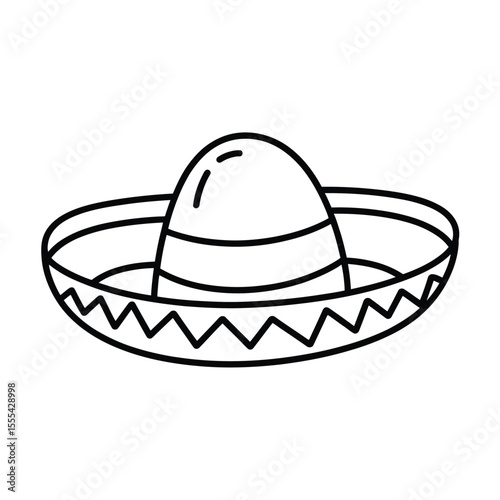 Simple black and white outline drawing of a traditional mexican sombrero hat