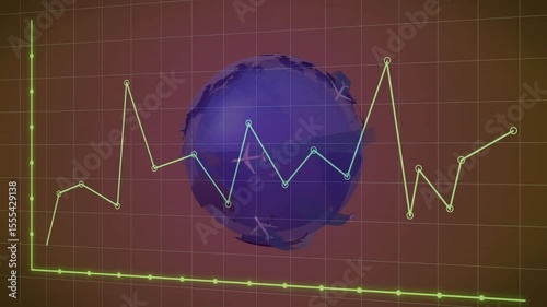 Globe appearing, rotating and graph adding points, airplanes fading in showing air traffic trends