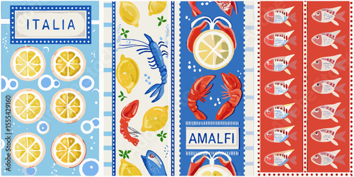Italian amalfi coast inspired design with lemons lobsters fish and shrimp
