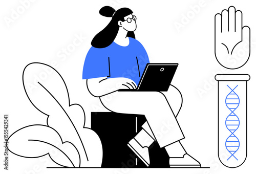 Woman seated on block using laptop, surrounded by plant element, DNA strand in test tube, hand outline. Ideal for science, research, technology, education, genetics innovation healthcare