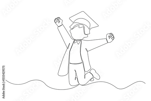 Happy male student celebrating graduation isolated line drawing. Graduation concept hand-drawn illustration.	