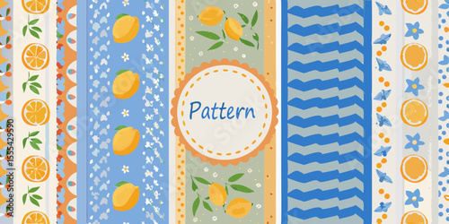 Collection of colorful vertical patterns featuring fruits and floral elements