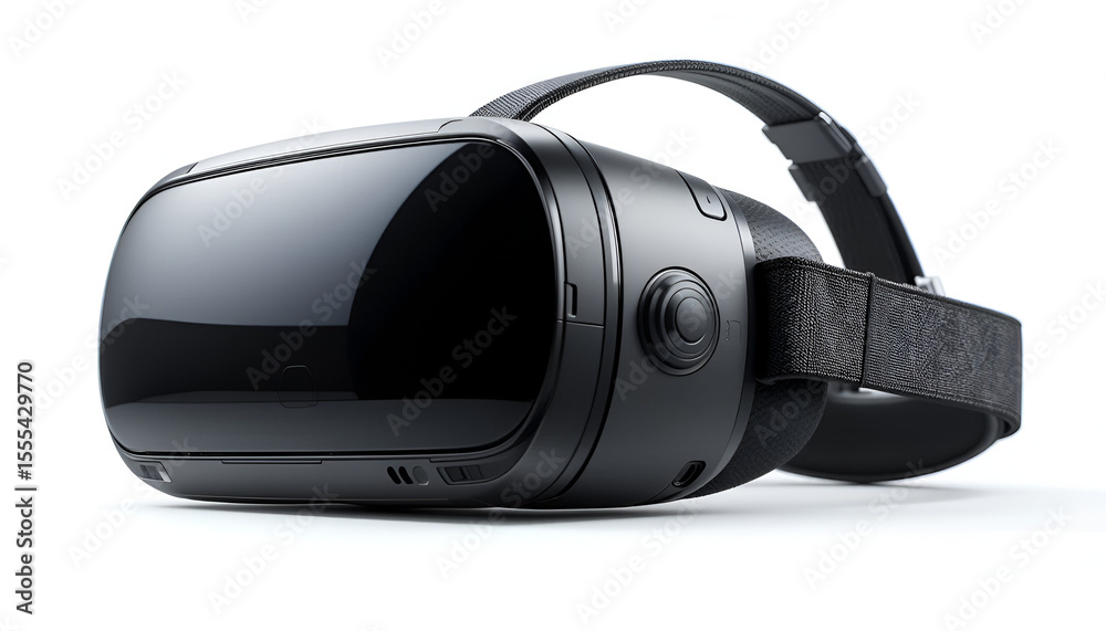 Fototapeta premium A sleek black virtual reality headset with adjustable straps on a plain white background studio shot